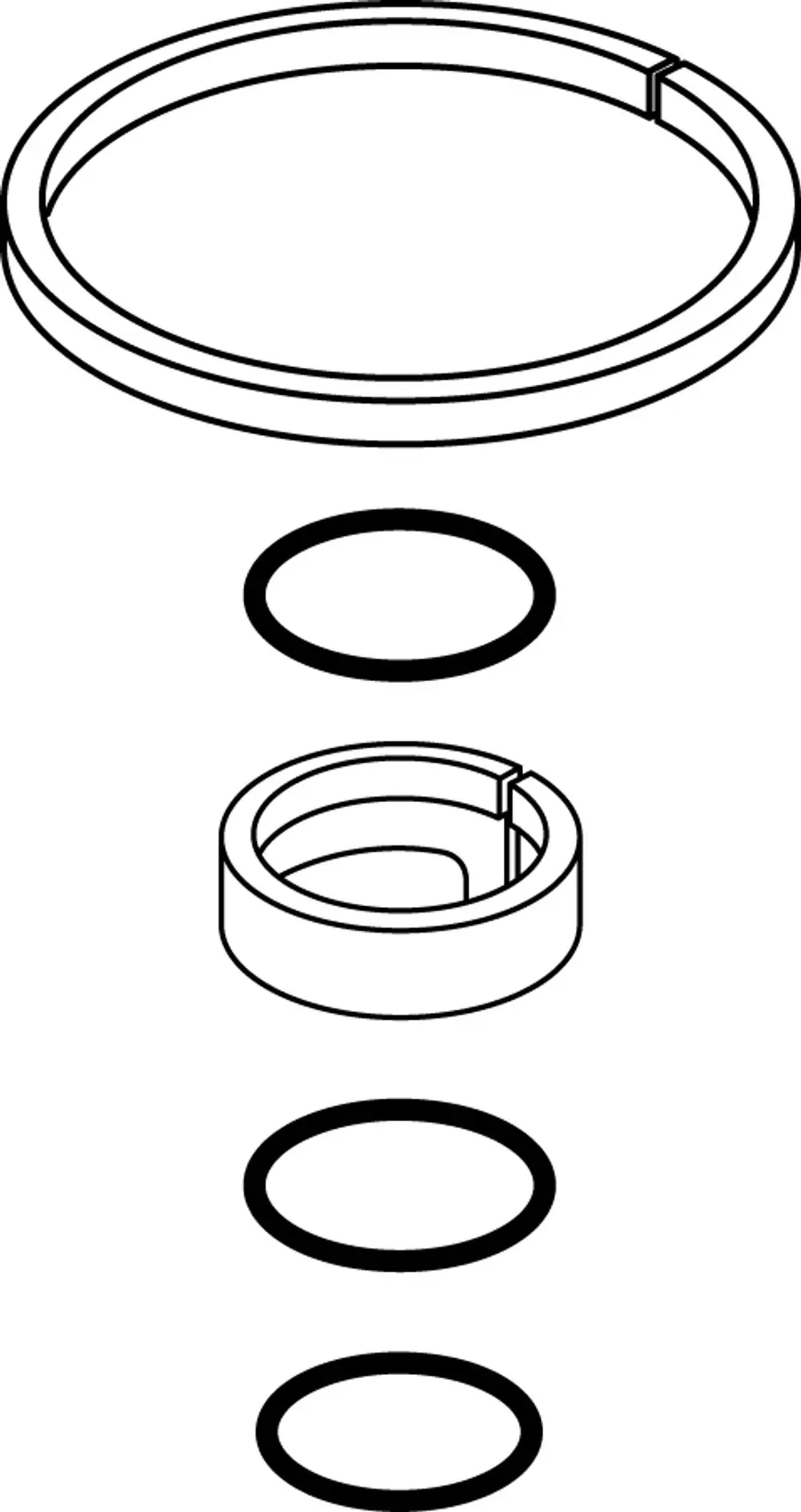 Dichtungsset bestehend aus mehreren O-Ringen und einem Dichtungsring, geeignet für den Drehauslauf von Ideal Standard. Technische Zeichnung zeigt die Teile in explodierter Ansicht.